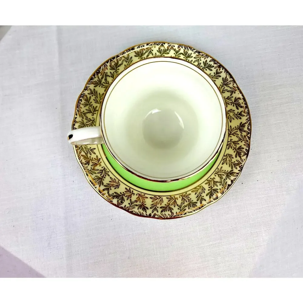 Vintage Royal Stafford Bone China England Tea Cup Saucer Mint Green & Gold Leaf